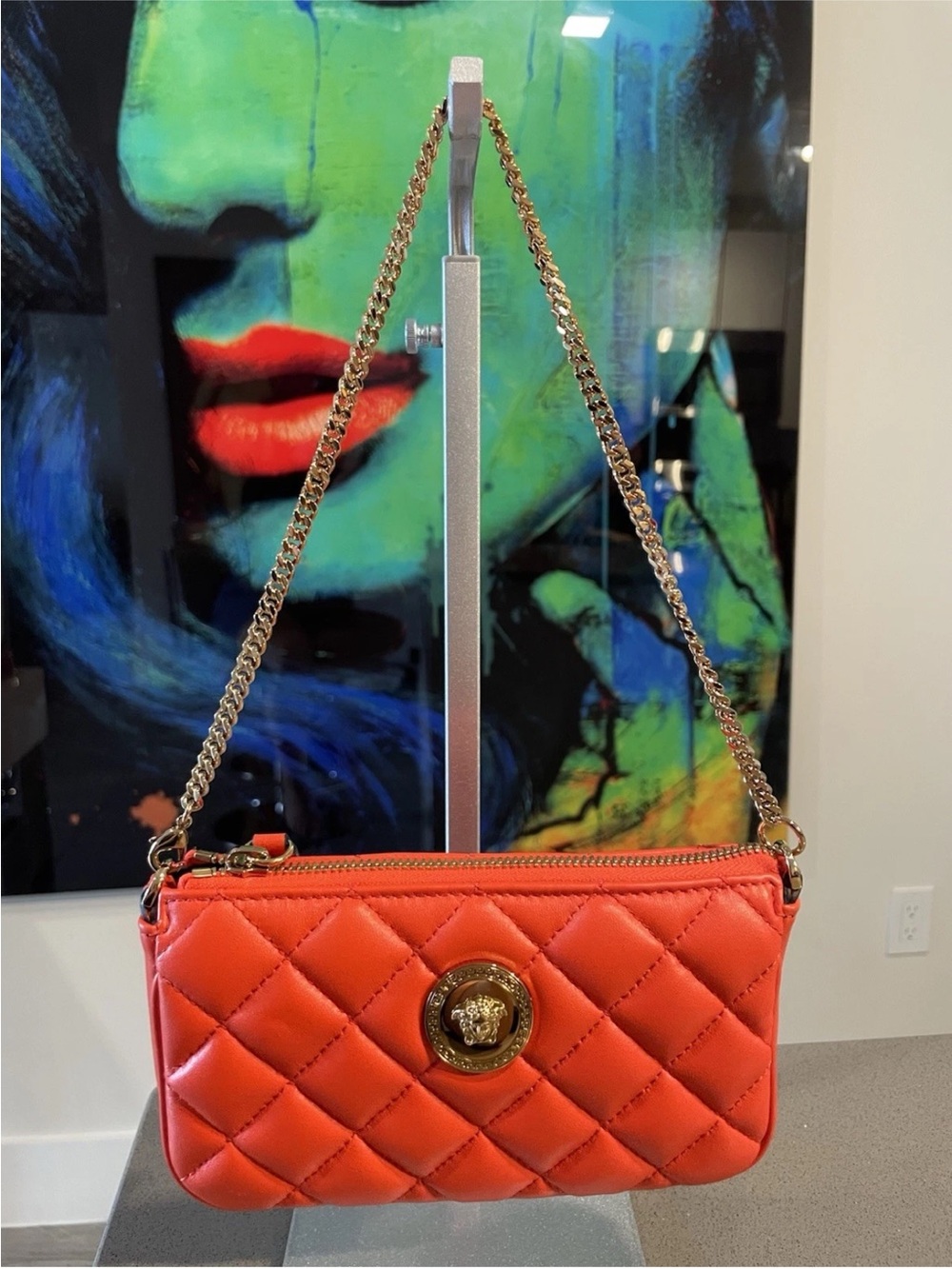 Versace mini Bag Quilted Red Chain Shoulder Bag $1000 Retail Authentic